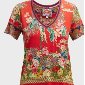 NWT JOHNNY WAS Red Floral Rapsodia Favorite SS V Neck Tee T Shirt Top XS